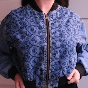 Cropped Oversized Denim Jacket Floral Vintage